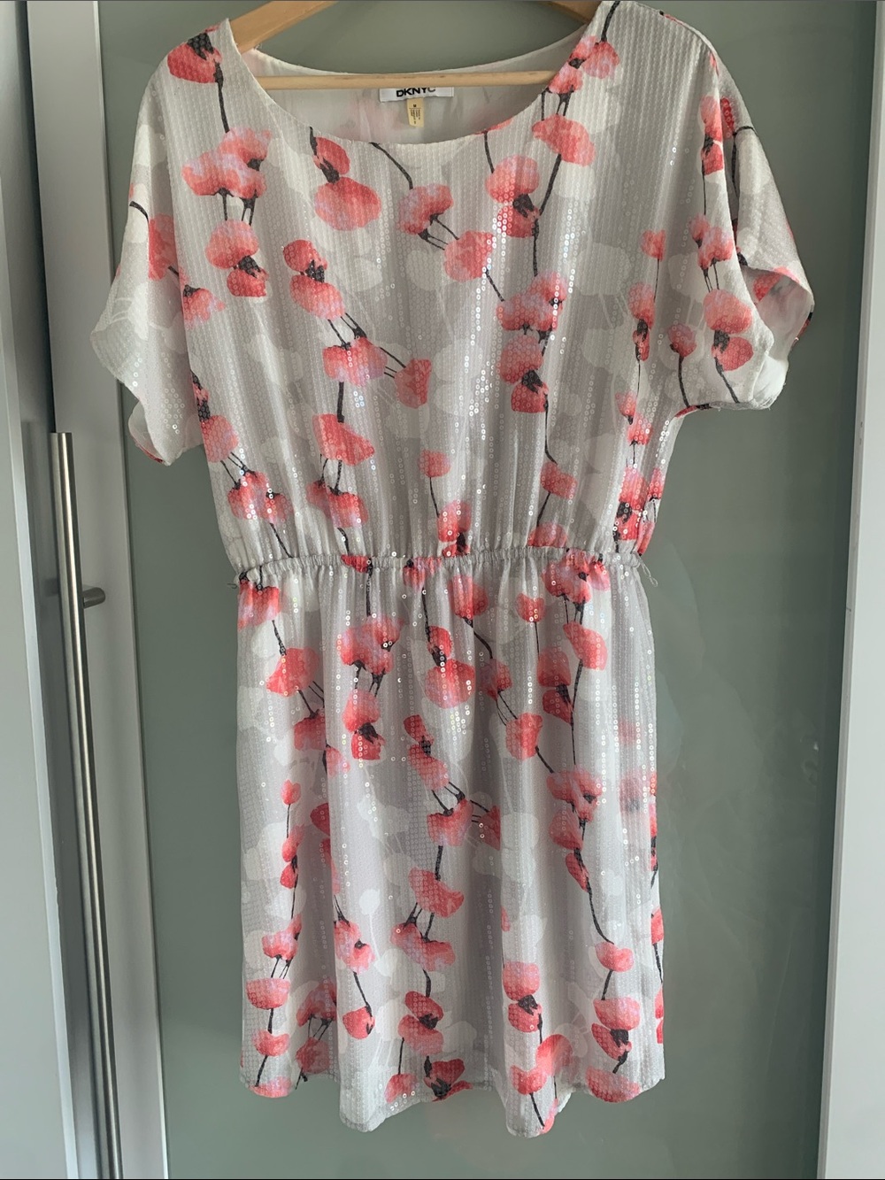 DKNY White Dress with Pink Coral Floral Sequin Overlay